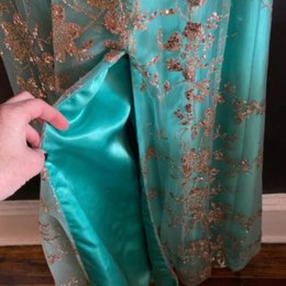 Teal and Gold Floral Prom Dress - Picture 8 of 10